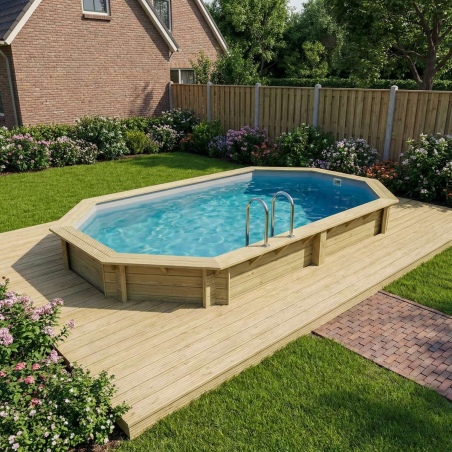 Pool NEMO 5.79 x 3.49 - H.1.45 m, grau, mit am Beton verschraubten Stahlprofilen