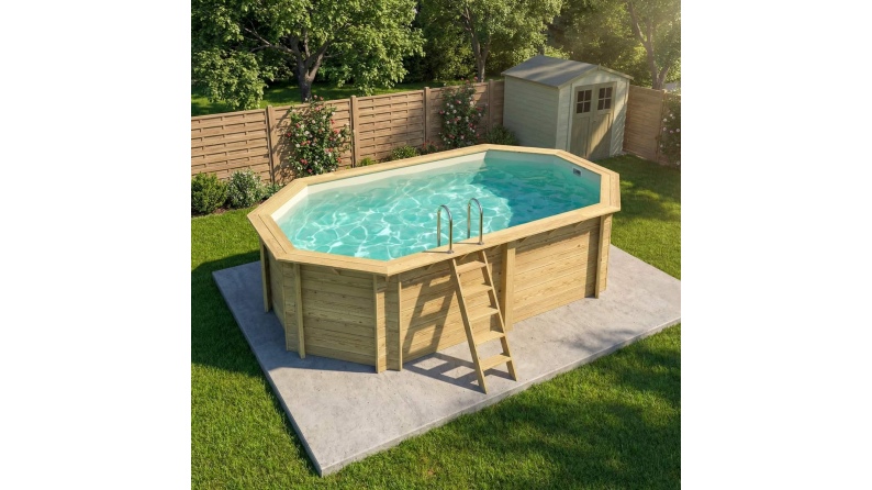 Pool NEMO 5.79 x 3.49 - H.1.45 m, sandfarben, mit am Beton verschraubten Stahlprofilen