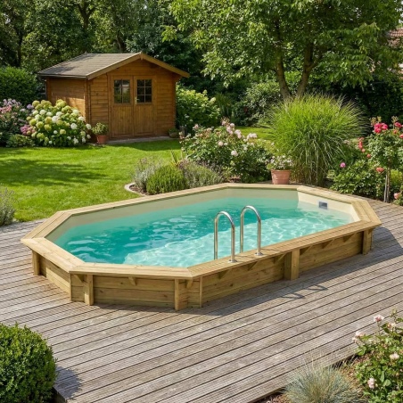 Pool NEMO 5.79 x 3.49 - H.1.45 m, sandfarben, mit am Beton verschraubten Stahlprofilen