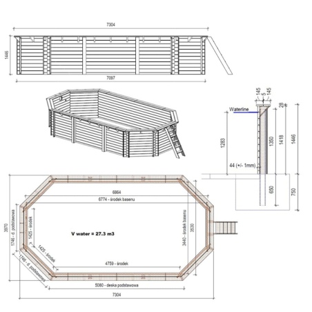Pool NEMO 7.3 x 3.97 - H.1.45 m, sandfarben, mit Stahlprofilen zum Einbetonieren