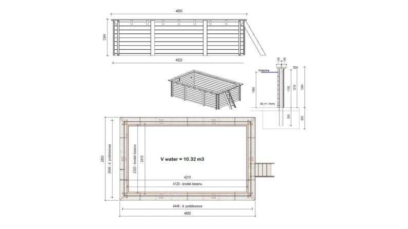 Pool AQUA 4.65 x 2.85 - H.1.24 m, grau, mit Stahlprofilen zum Einbetonieren
