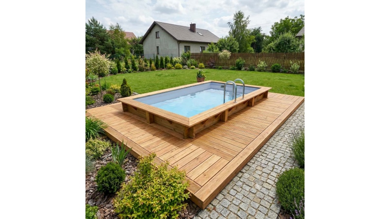Pool AQUA 4.65 x 2.85 - H.1.24 m, grau, mit am Beton verschraubten Stahlprofilen