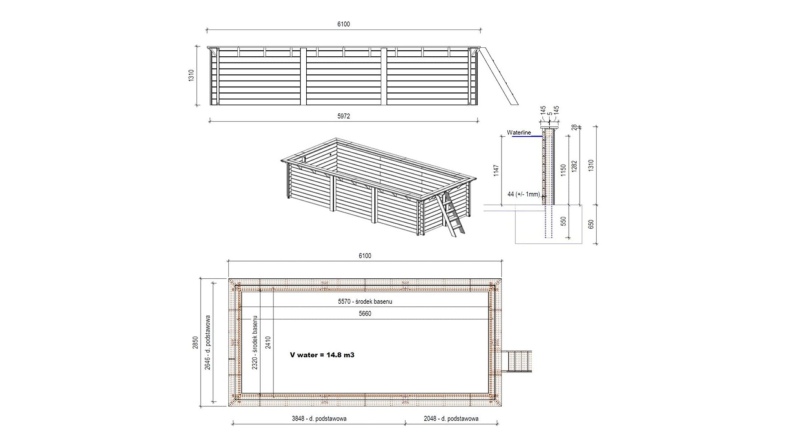Pool AQUA 6.1 x 2.85 - H.1.31 m, grau, auf Rahmen - ohne Betonieren