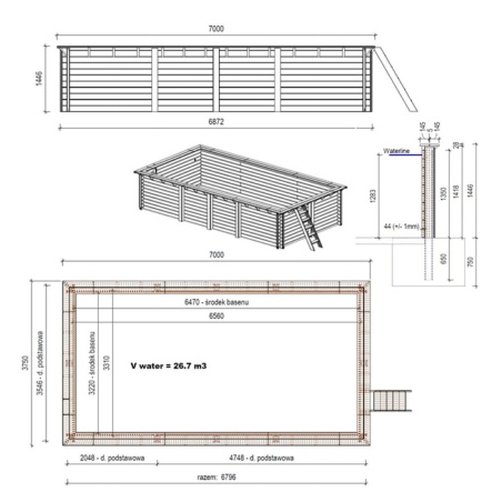 Pool AQUA 7 x 3.75 - H.1.45 m, grau, mit Stahlprofilen zum Einbetonieren