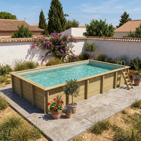 Pool AQUA 10.2 x 5.2 - H.1.45 m, sandfarben, mit am Beton verschraubten Stahlprofilen