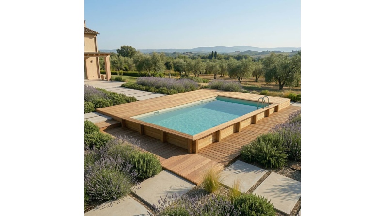 Pool AQUA 10.2 x 5.2 - H.1.45 m, sandfarben, mit am Beton verschraubten Stahlprofilen