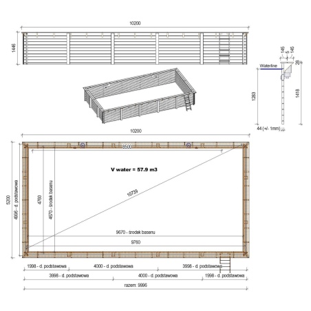 Pool AQUA 10.2 x 5.2 - H.1.45 m, grau, auf Rahmen - ohne Betonieren