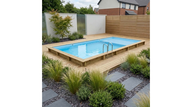 Pool AQUA 10.2 x 5.2 - H.1.45 m mit Liegefläche, hellblau, mit Stahlprofilen zum Einbetonieren