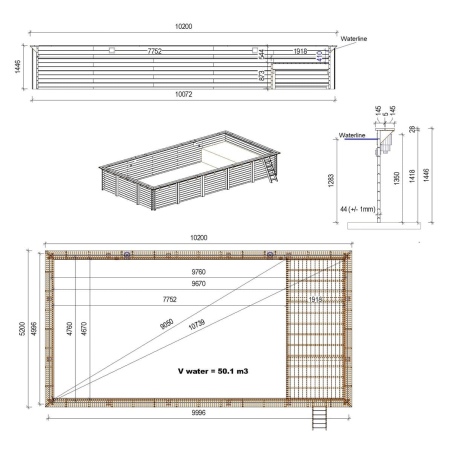 Pool AQUA 10.2 x 5.2 - H.1.45 m mit Liegefläche, grau, mit Stahlprofilen zum Einbetonieren