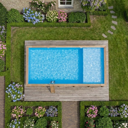 Pool AQUA 10.2 x 5.2 - H.1.45 m mit Liegefläche, hellblau, mit am Beton verschraubten Stahlprofilen