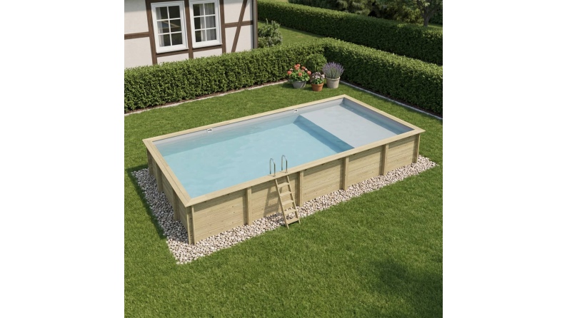 Pool AQUA 10.2 x 5.2 - H.1.45 m mit Liegefläche, grau, mit am Beton verschraubten Stahlprofilen