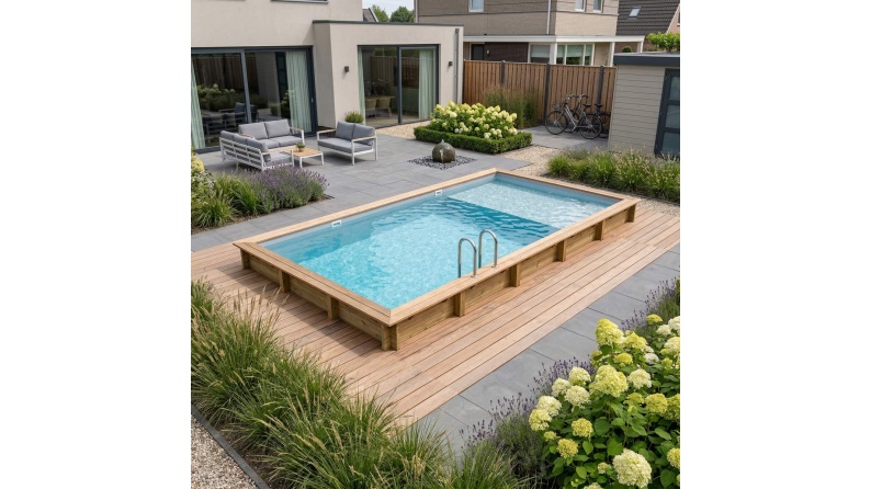 Pool AQUA 10.2 x 5.2 - H.1.45 m mit Liegefläche, grau, mit am Beton verschraubten Stahlprofilen