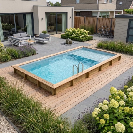 Pool AQUA 10.2 x 5.2 - H.1.45 m mit Liegefläche, grau, mit am Beton verschraubten Stahlprofilen