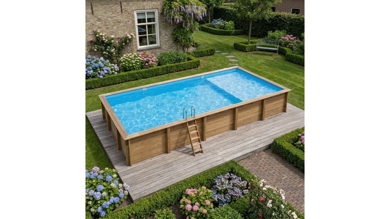 Pool AQUA 10.2 x 5.2 - H.1.45 m mit Liegefläche, hellblau, auf Rahmen - ohne Betonieren