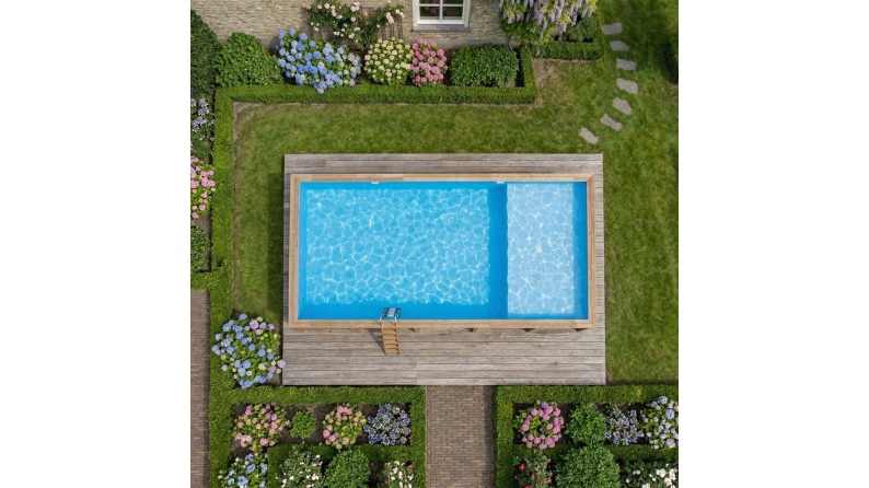 Pool AQUA 10.2 x 5.2 - H.1.45 m mit Liegefläche, hellblau, auf Rahmen - ohne Betonieren