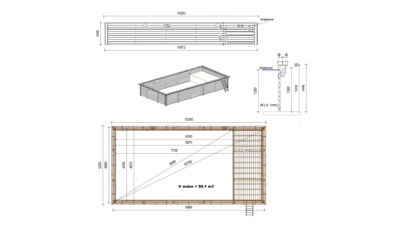 Pool AQUA 10.2 x 5.2 - H.1.45 m mit Liegefläche, grau, auf Rahmen - ohne Betonieren