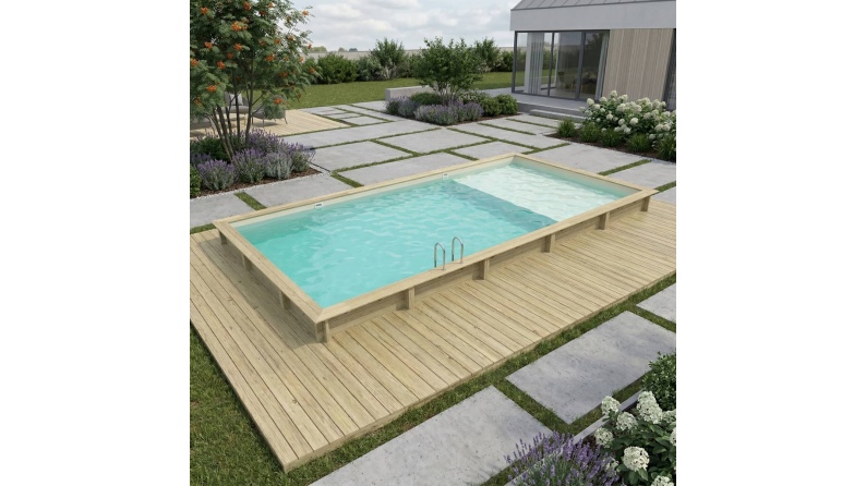Pool AQUA 10.2 x 5.2 - H.1.45 m mit Liegefläche, sandfarben, auf Rahmen - ohne Betonieren