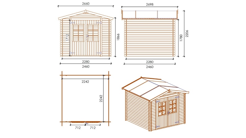 Gartenhaus, Gerätehaus 6m2 - 2.46x2.46m - 19mm - Imprägniert