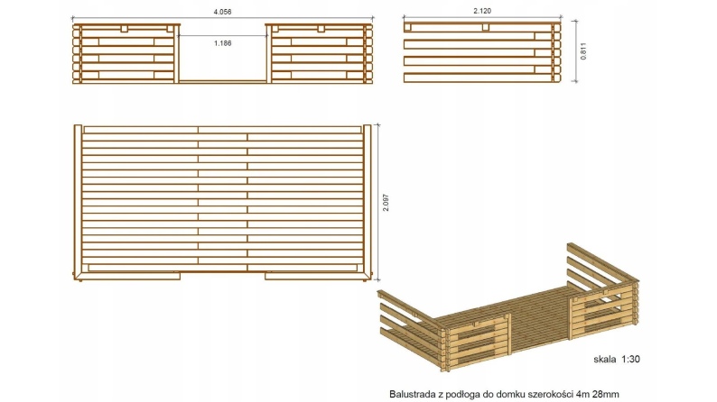 Veranda zum Gartenhaus 4x2m - Farbe Holz