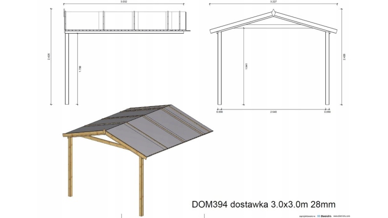 Überdachung für Veranden, Terrassen und Gartenhäuschen 3x3m - Imprägniert 
