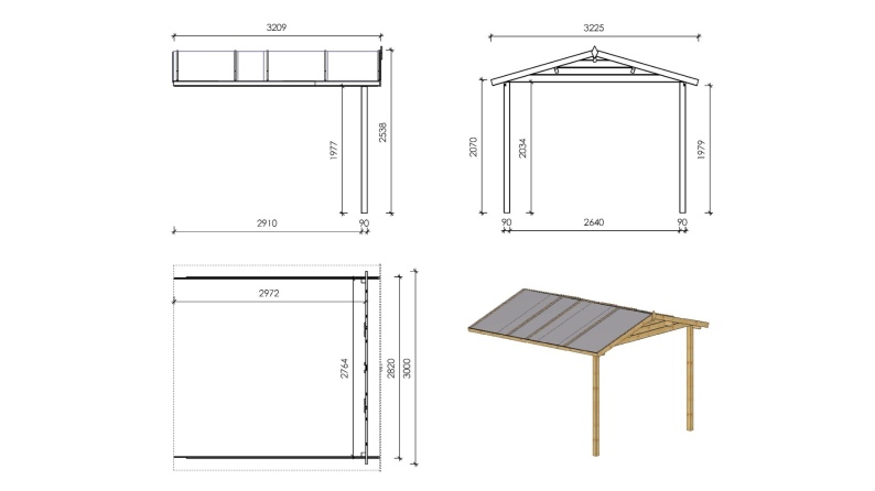Überdachung für Veranden, Terrassen und Gartenhäuschen 3x3m - Imprägniert 