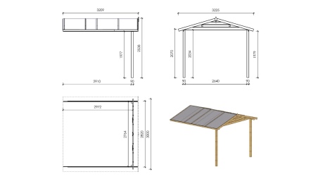 Überdachung für Veranden, Terrassen und Gartenhäuschen 3x3m - Imprägniert 