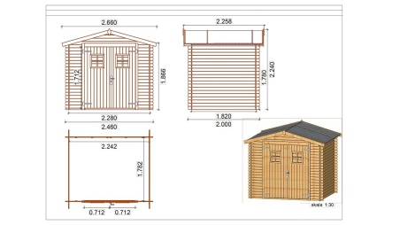Gartenhaus, Gerätehaus 4.92m2 - 2.46x2m - 19mm - Imprägniert