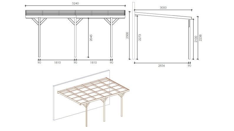 Carport Garagendach 3x5.24 m - 15 m2 - an der Hauswand montiert 