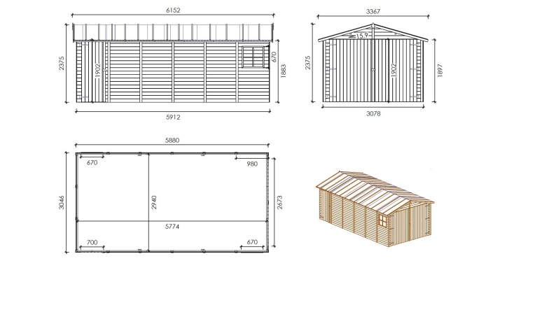 Autogarage aus Holz - 18.19m2 - 3.05x5.91m - 18mm