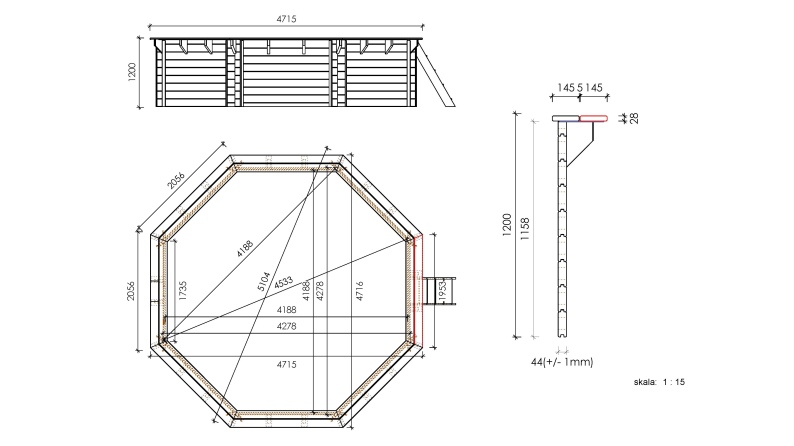 Holzpool 4.71x4.72 - H.1.2 m - mit Filtration und Schrank für Zubehör