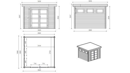 Gartenhaus, Gerätehaus 21m2 - 3x3m - 28mm - Imprägniert