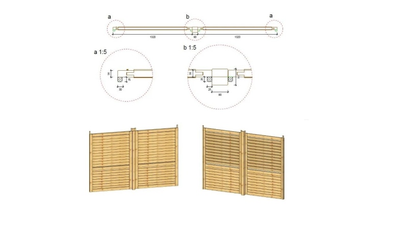 Zaun, Holzlamellenpanel, Set - braun imprägniert