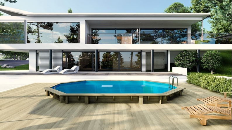 Holzpool 6.57x4.07 - H.1.2 m - mit Filtration und Schrank für Zubehör