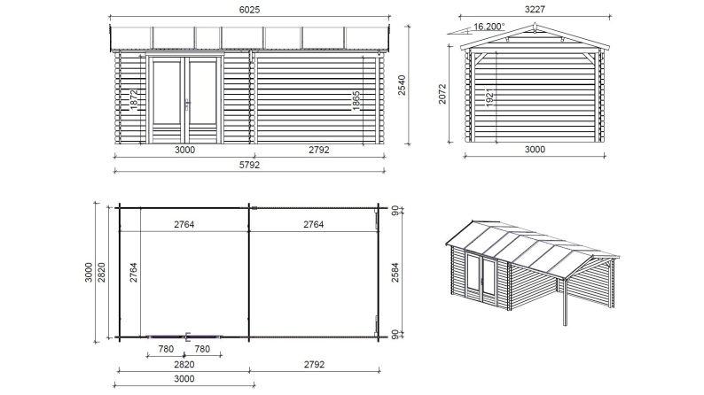 Gartenhaus, Gerätehaus 17.4m2 - 5.79x3m - 28mm