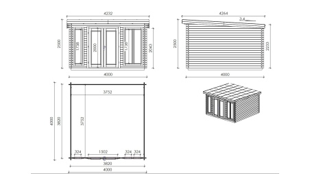 Gartenhaus, Gerätehaus 16m2 - 4x4m - 34mm