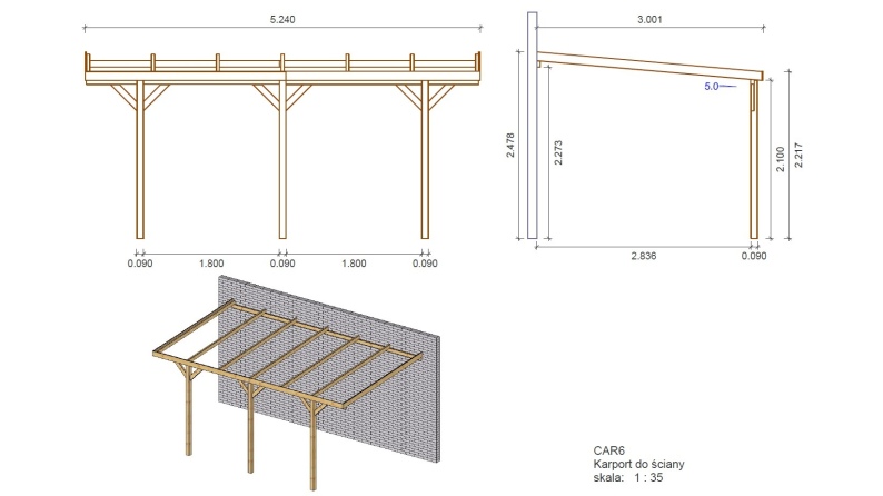Carport Garagendach 3x5.24 m - 15 m2 - an der Hauswand montiert 