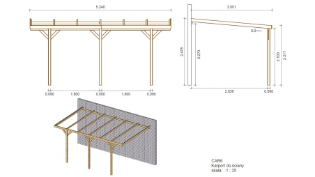 Carport Garagendach 3x5.24 m - 15 m2 - an der Hauswand montiert 