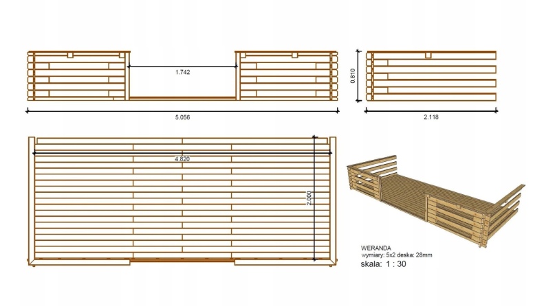 Veranda zum Gartenhaus 5x2m - Farbe Holz