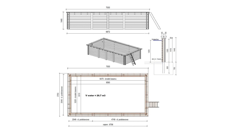 Holzpool Aqua 7x3.75 - H.1.45 m mit einzubetonierendem Profil