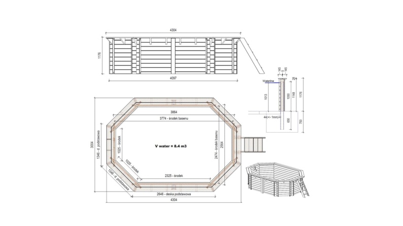 Holzpool Nemo 4.3x3 - H.1.18 m mit am Beton verschraubten Stützen