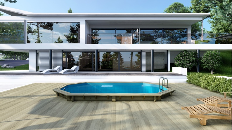 Holzpool Nemo 5.79x3.49 - H.1.45 m mit am Beton verschraubten Stützen