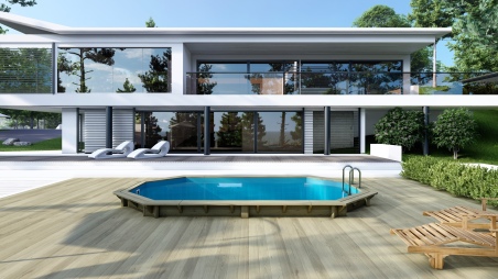 Holzpool Nemo 5.79x3.49 - H.1.45 m mit am Beton verschraubten Stützen