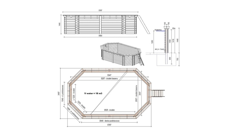 Holzpool Nemo 5.79x3.49 - H.1.45 m mit am Beton verschraubten Stützen