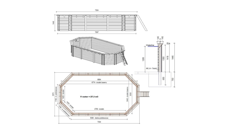 Holzpool Nemo 7.3x3.97 - H.1.45 m mit am Beton verschraubten Stützen