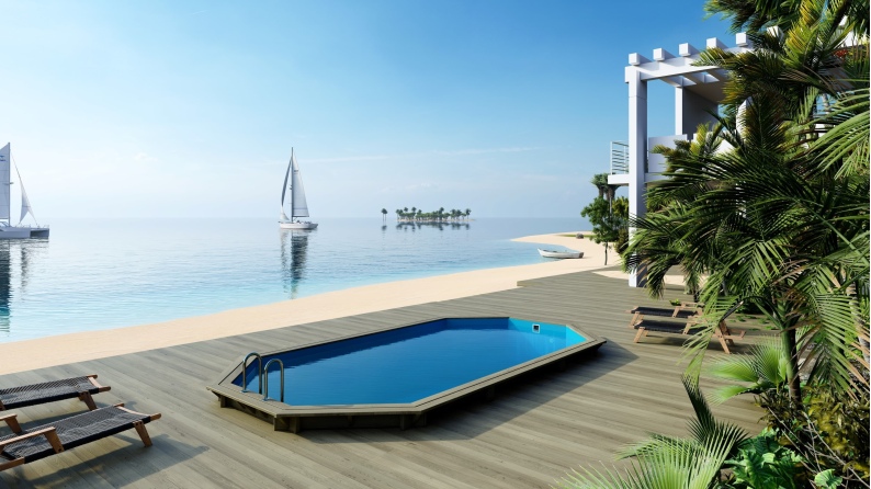 Holzpool Nemo 7.3x3.97 - H.1.45 m mit am Beton verschraubten Stützen