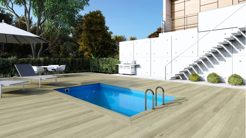 Holzpool Aqua 4.65x2.85 - H.1.24 m mit am Beton verschraubten Stützen