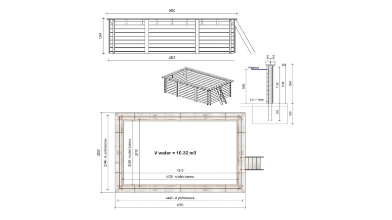Holzpool Aqua 4.65x2.85 - H.1.24 m mit am Beton verschraubten Stützen