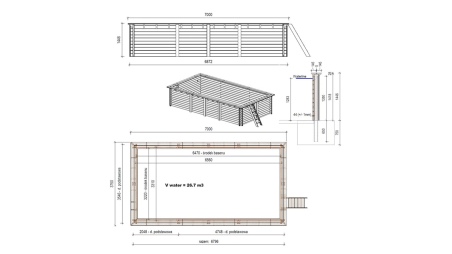 Holzpool Aqua 7x3.75 - H.1.45 m mit am Beton verschraubten Stützen