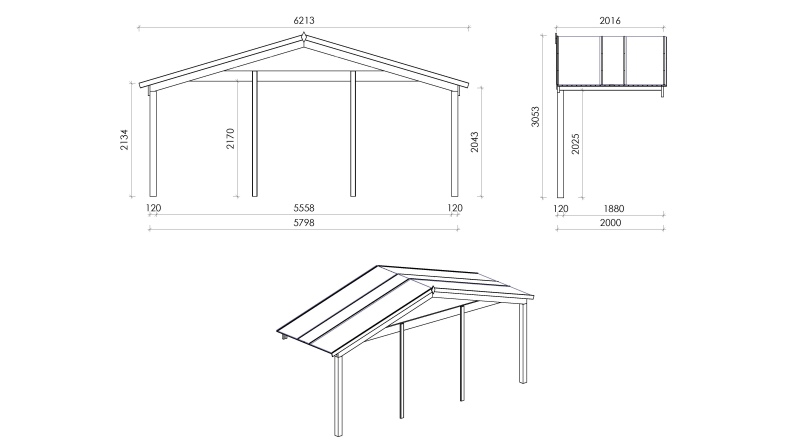 Überdachung für Veranden, Terrassen und Gartenhäuschen - 6x2m