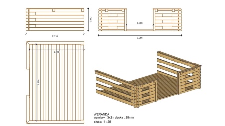 Veranda zum Gartenhaus 3x2m - Farbe Braun - Imprägniert